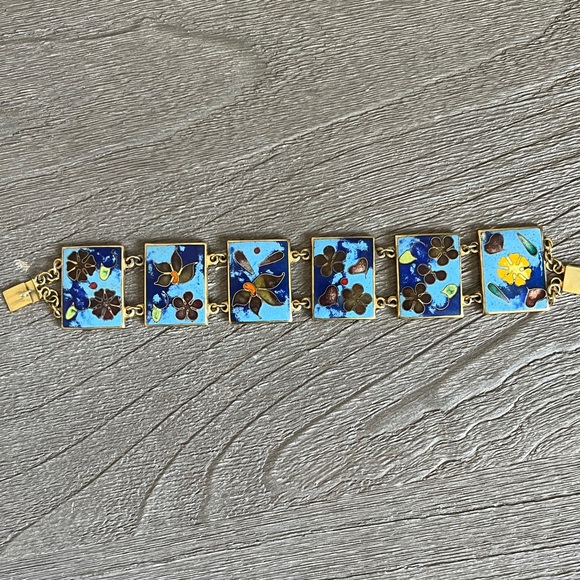 Jewelry - Vintage panel enamel cloisonné turquoise blue gold bracelet